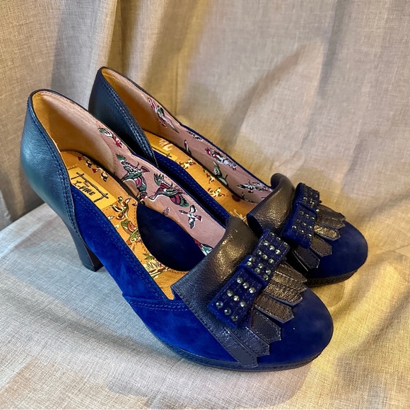 MISS L FIRE Delano 41 (10 - 10.5) navy blue suede leather loafer heel pumps bows - Picture 2 of 13